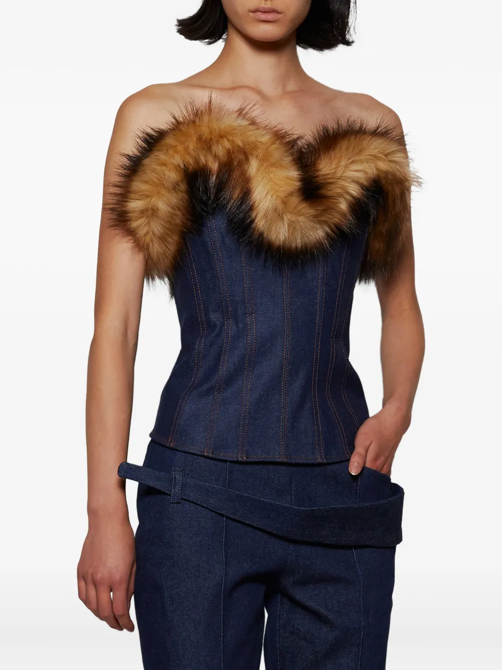 David Koma Detachable Faux-fur-trim Corset Top In Blue