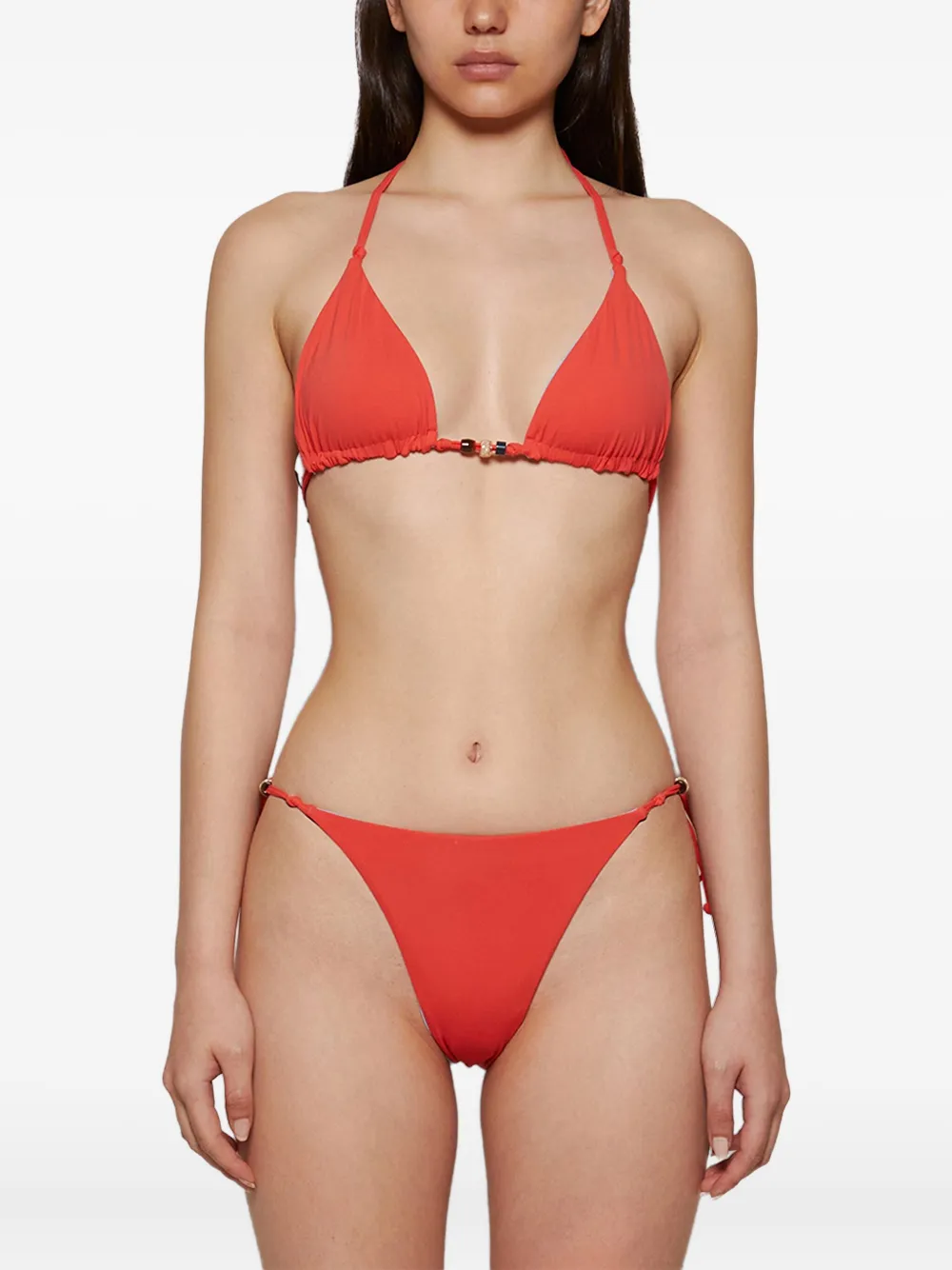 Bound Triangle Beaded Bikini In Red