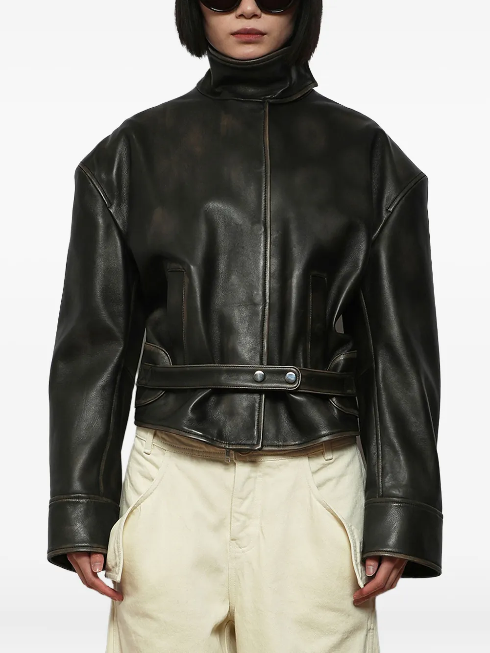 Christopher Esber burnished belted leather jacket Zwart