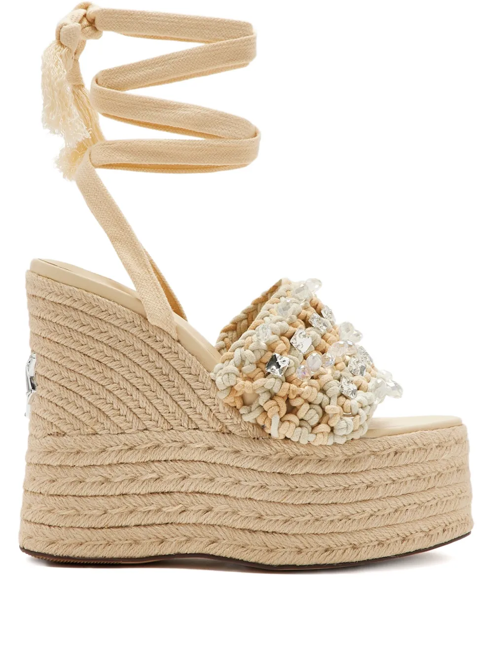 NAKED WOLFE 140mm Peony beaded woven wedge sandals Neutrals