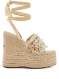 NAKED WOLFE 140mm Peony beaded woven wedge sandals - Neutrals