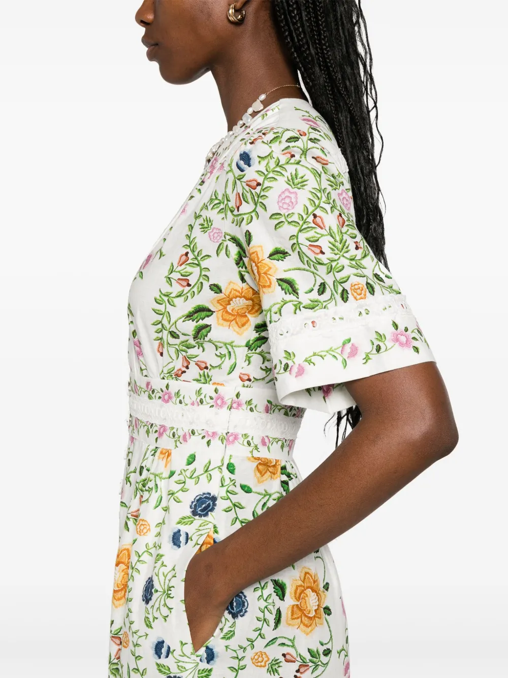 Farm Rio Folk Floral Linen Blend Short-sleeve Wide-leg Jumpsuit In White