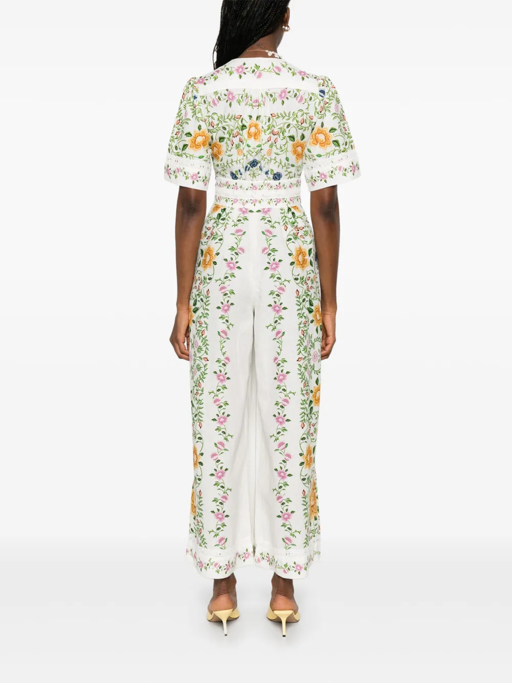 Farm Rio Folk Floral Linen Blend Short-sleeve Wide-leg Jumpsuit In White