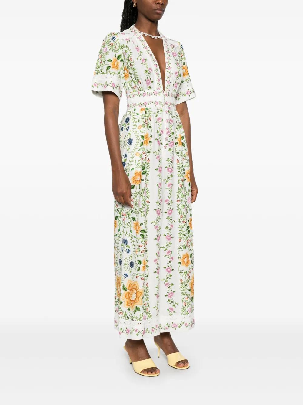 Farm Rio Folk Floral Linen Blend Short-sleeve Wide-leg Jumpsuit In White