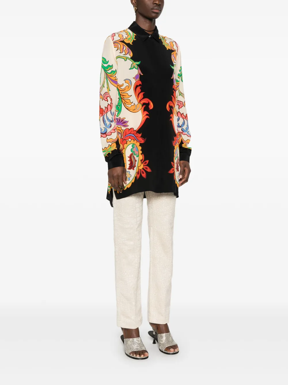 Etro Longline Printed Top With Box-pleat Detail In Neutrals
