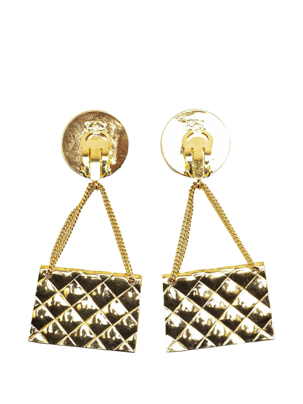 CHANEL Pre-Owned 1993 CC Gold Plated Flap Bag Drop Clip On Earrings costume earrings | Image 2