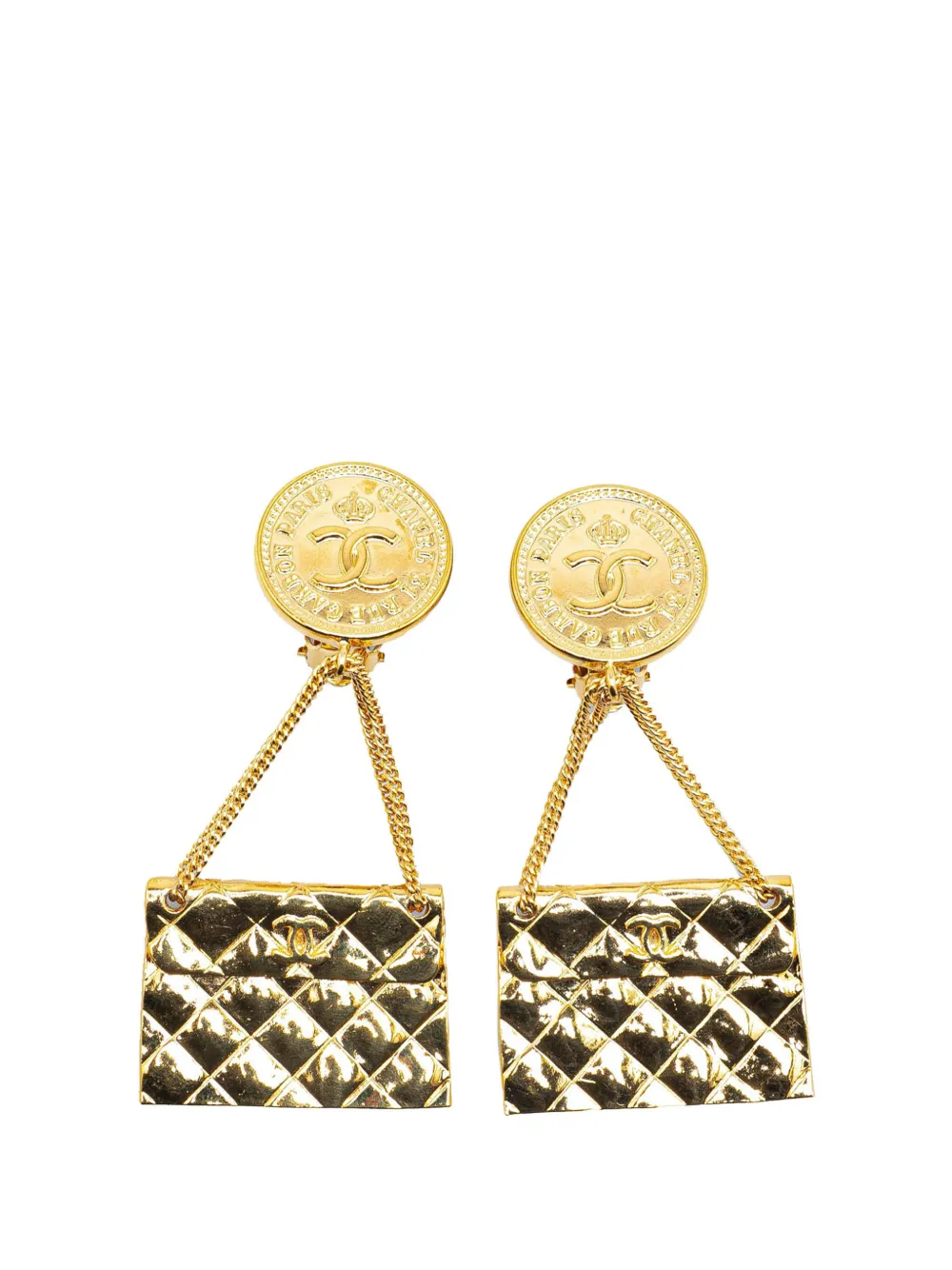 CHANEL Pre-Owned 1993 CC Gold Plated Flap Bag Drop Clip On Earrings costume earrings | Gold | Image 1