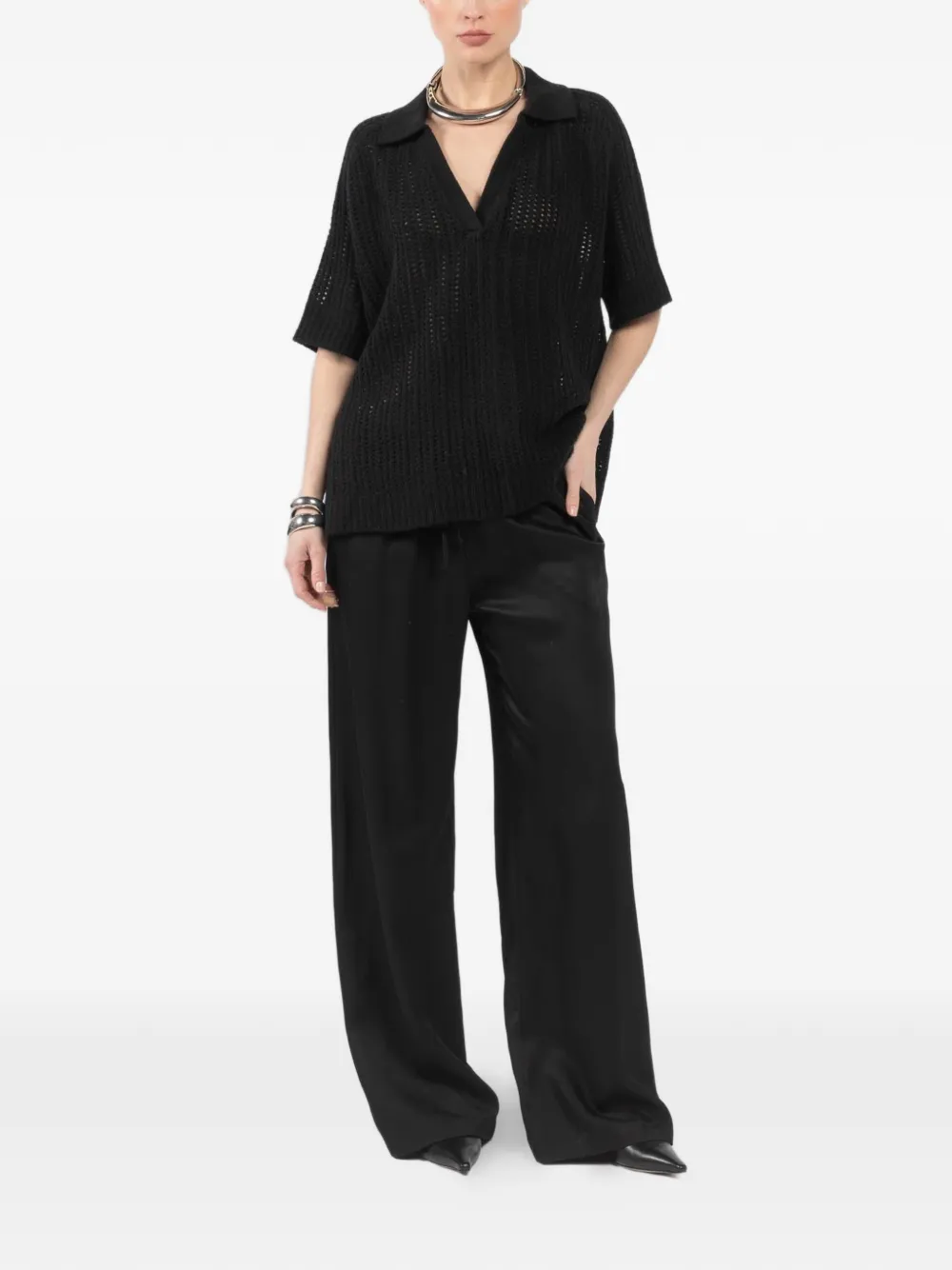 SABLYN open-knit T-shirt - Zwart