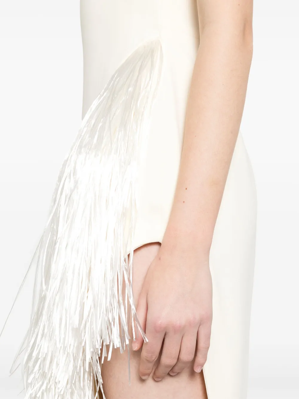 David Koma Raffia-fringe Asymmetric-hem Gown In Neutrals