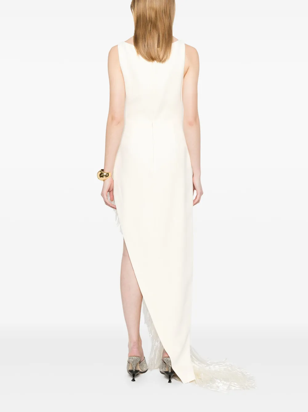 David Koma Raffia-fringe Asymmetric-hem Gown In Neutrals