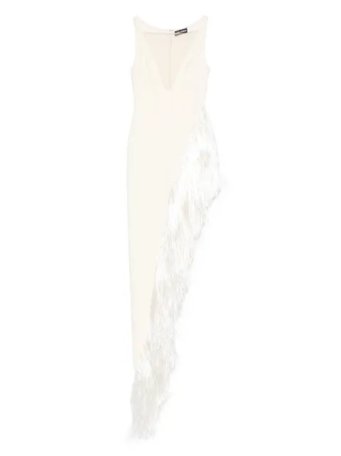 David Koma raffia-fringe asymmetric-hem gown
