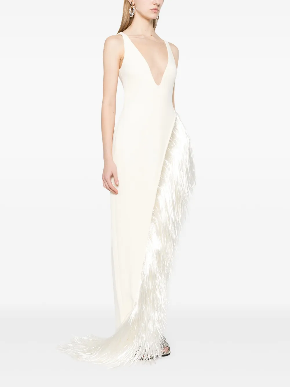David Koma Raffia-fringe Asymmetric-hem Gown In Neutrals