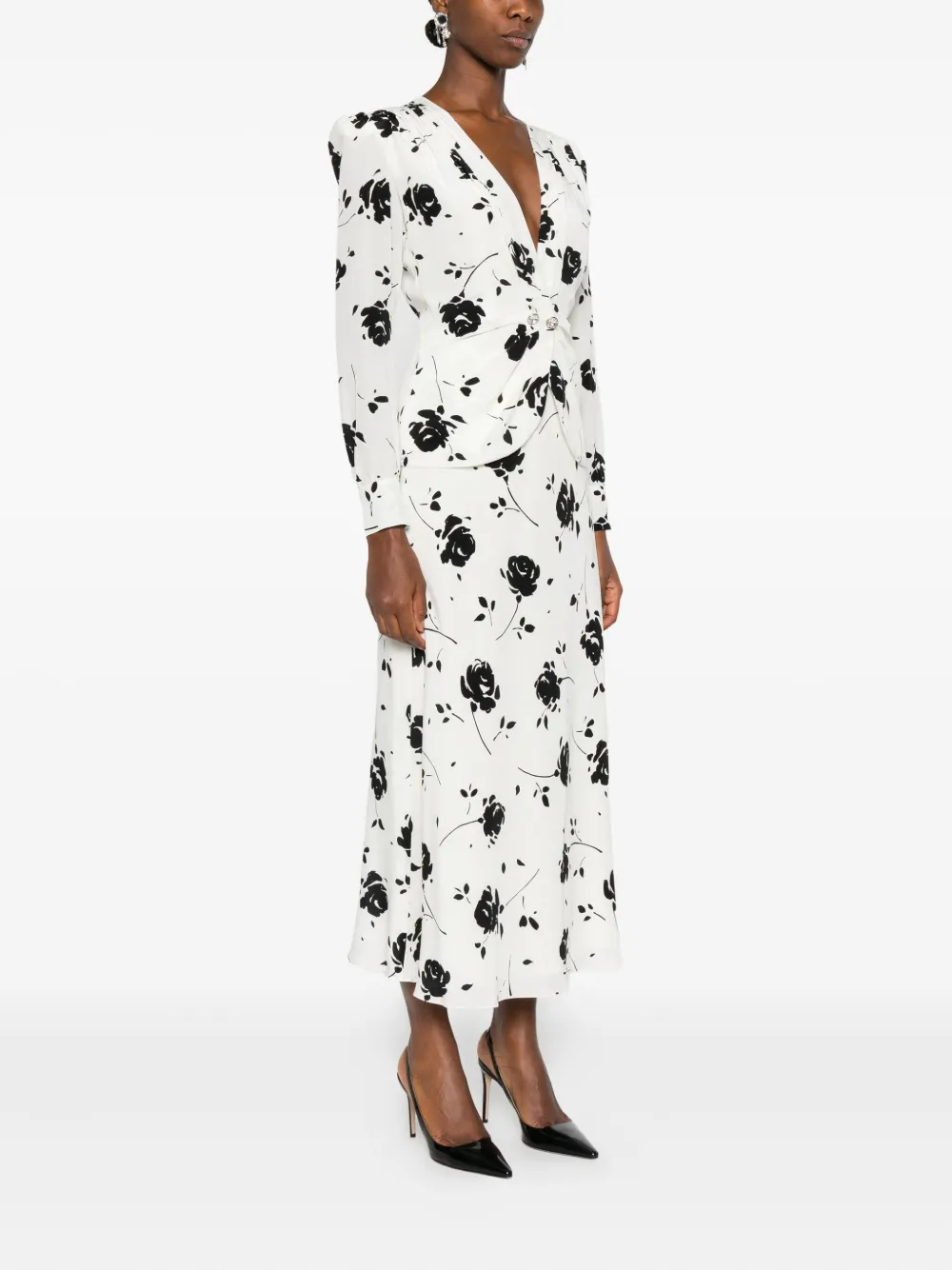 Alessandra Rich Midi-jurk met roosprint en knoopdetail Wit