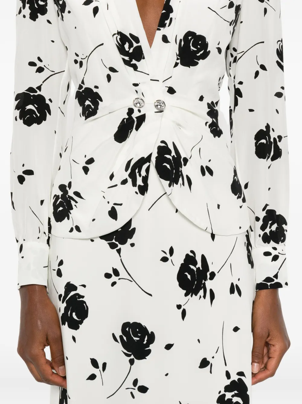 Alessandra Rich Midi-jurk met roosprint en knoopdetail Wit
