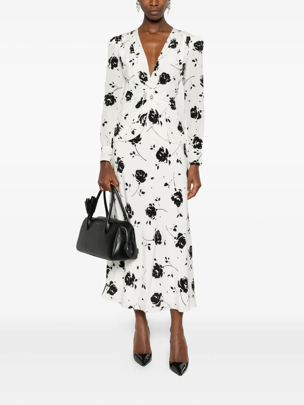 Alessandra Rich rose-print button-detail midi dress - Wit