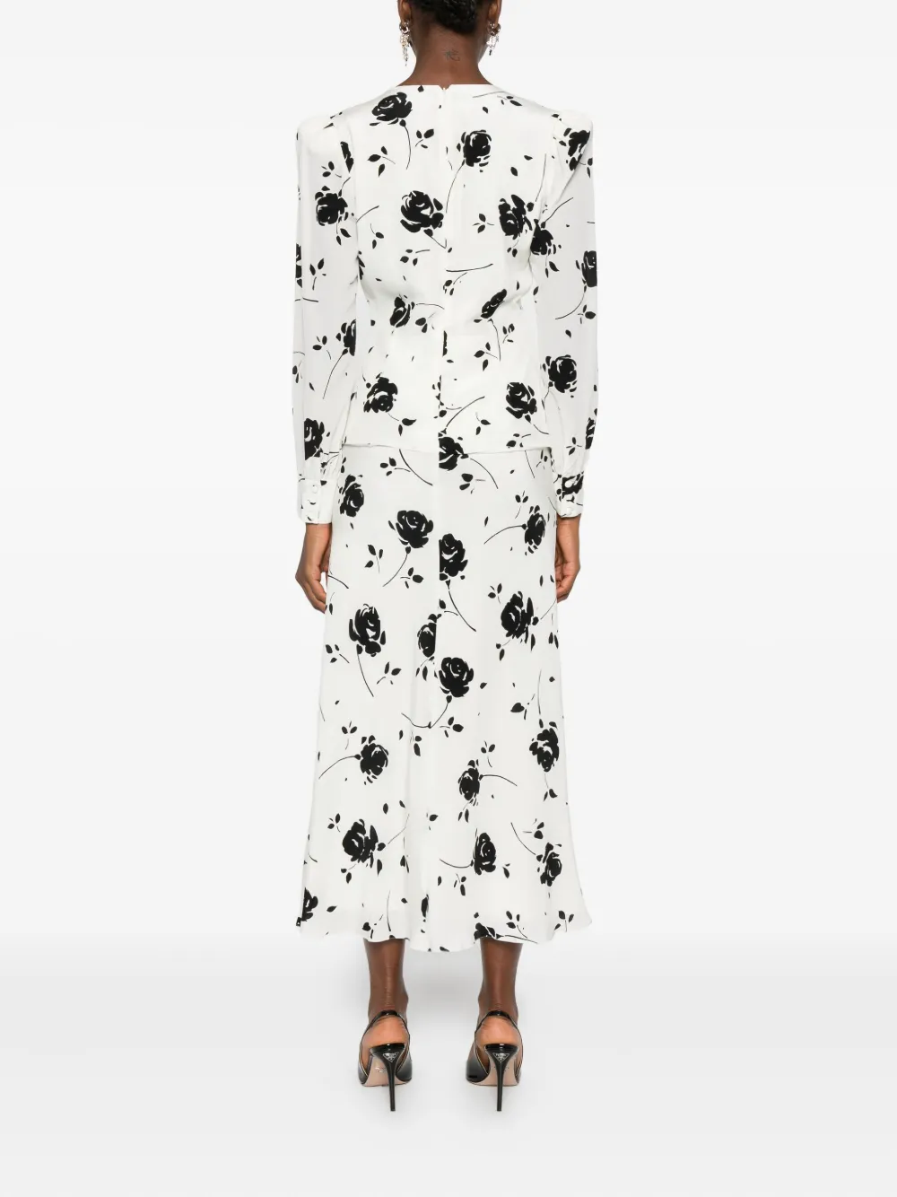 Alessandra Rich Midi-jurk met roosprint en knoopdetail Wit