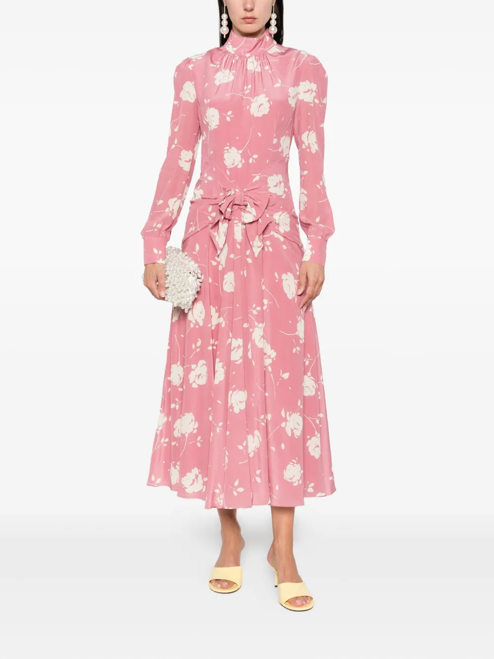 Alessandra Rich rose-print belted midi dress Roze