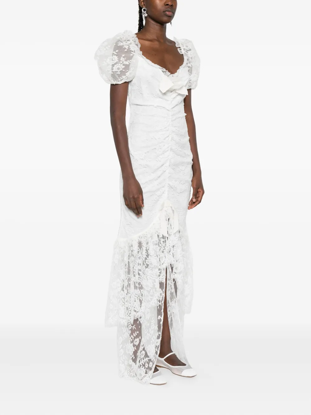 Alessandra Rich Maxi-jurk met pofmouwen en kant Wit