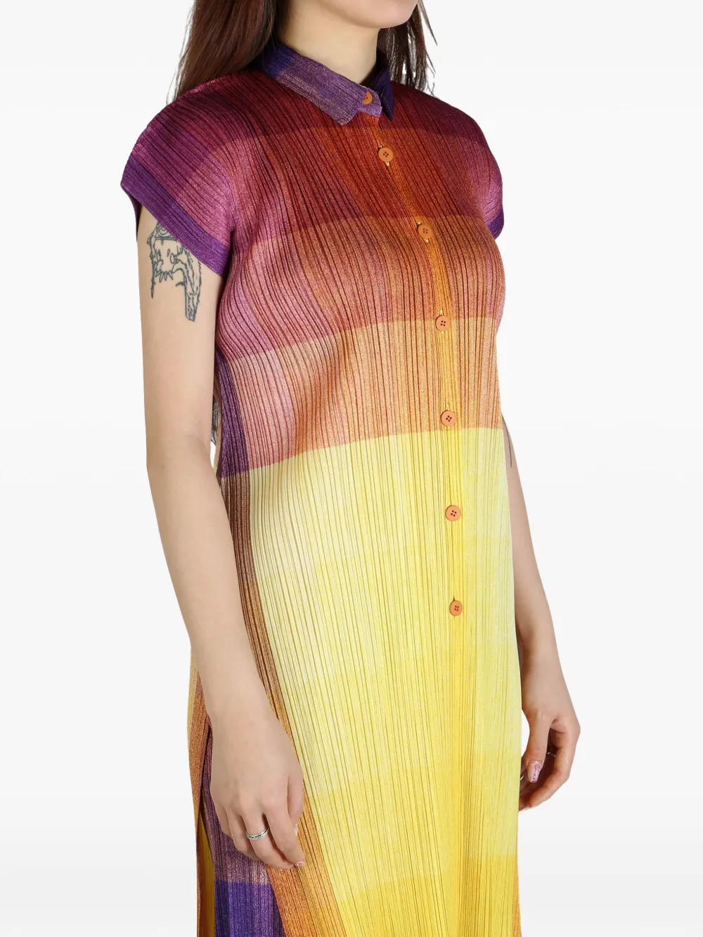 Issey Miyake Long Yellow Button-up Pleated Shirt In Yellow
