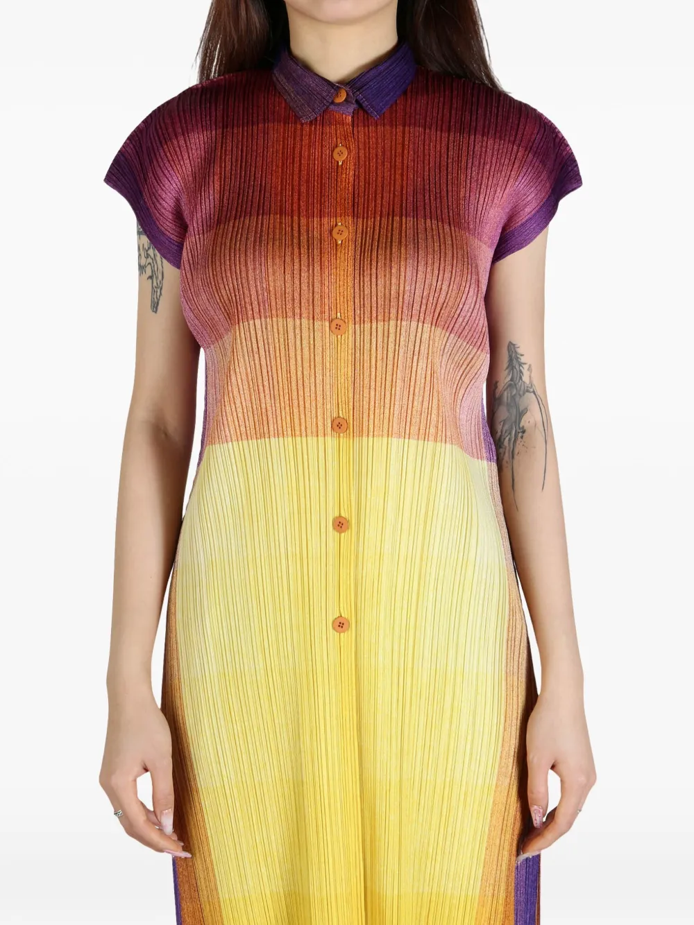 Issey Miyake Long Yellow Button-up Pleated Shirt In Yellow