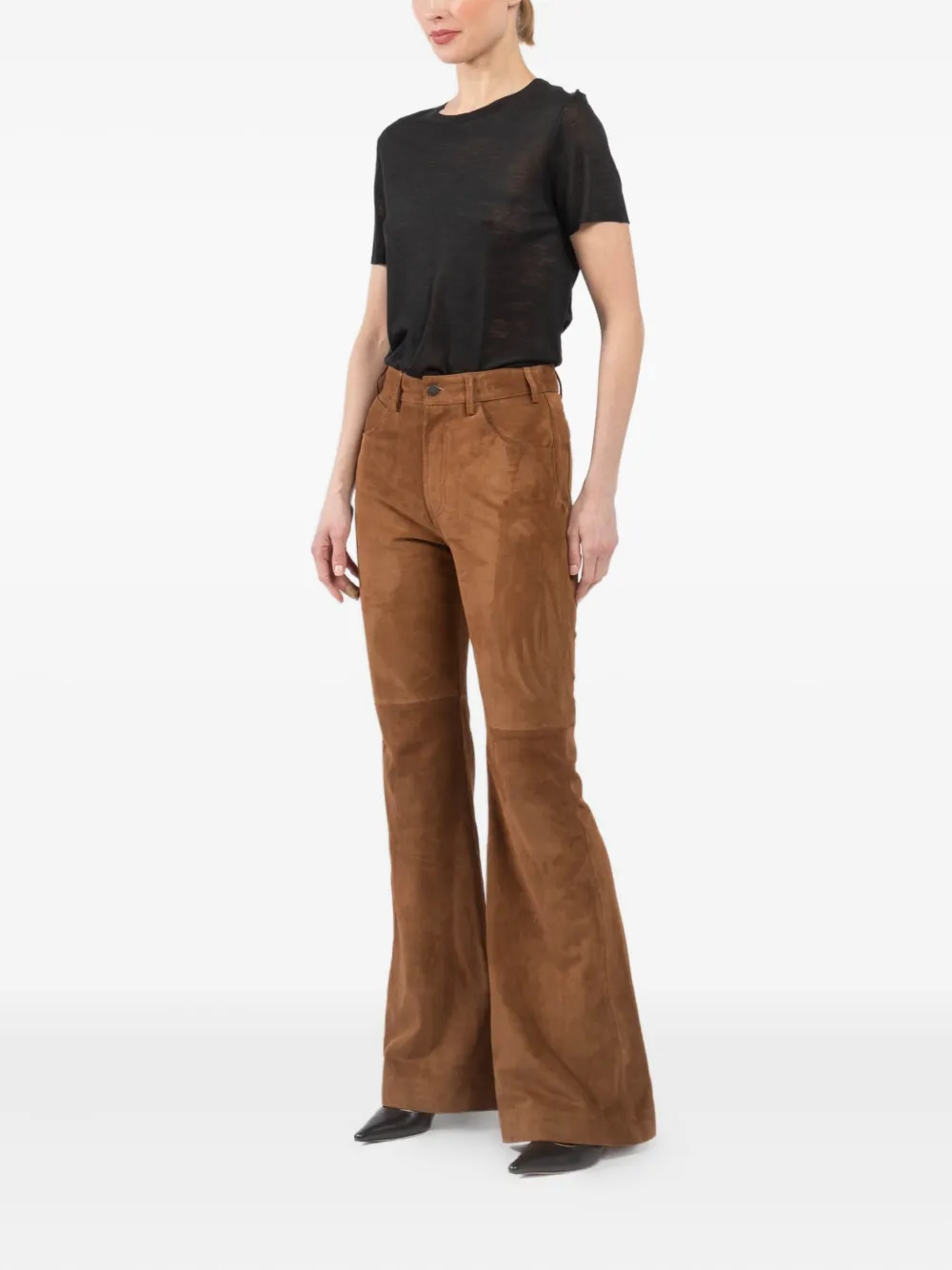 Shop Nili Lotan Roe Flared Suede Trousers In Brown
