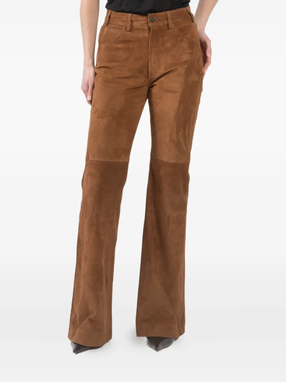 Shop Nili Lotan Roe Flared Suede Trousers In Brown