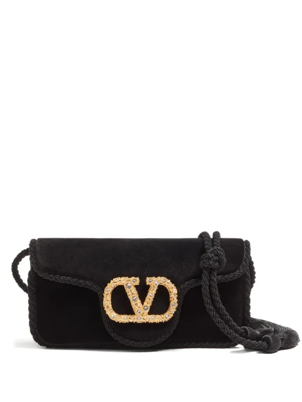 Valentino Garavani Locò jewel-embellished Velvet Clutch Black