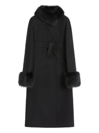 VALENTINO ブラックファーアウター Valentino Garavani Faux fur-trimmed double-breasted Coat | Black