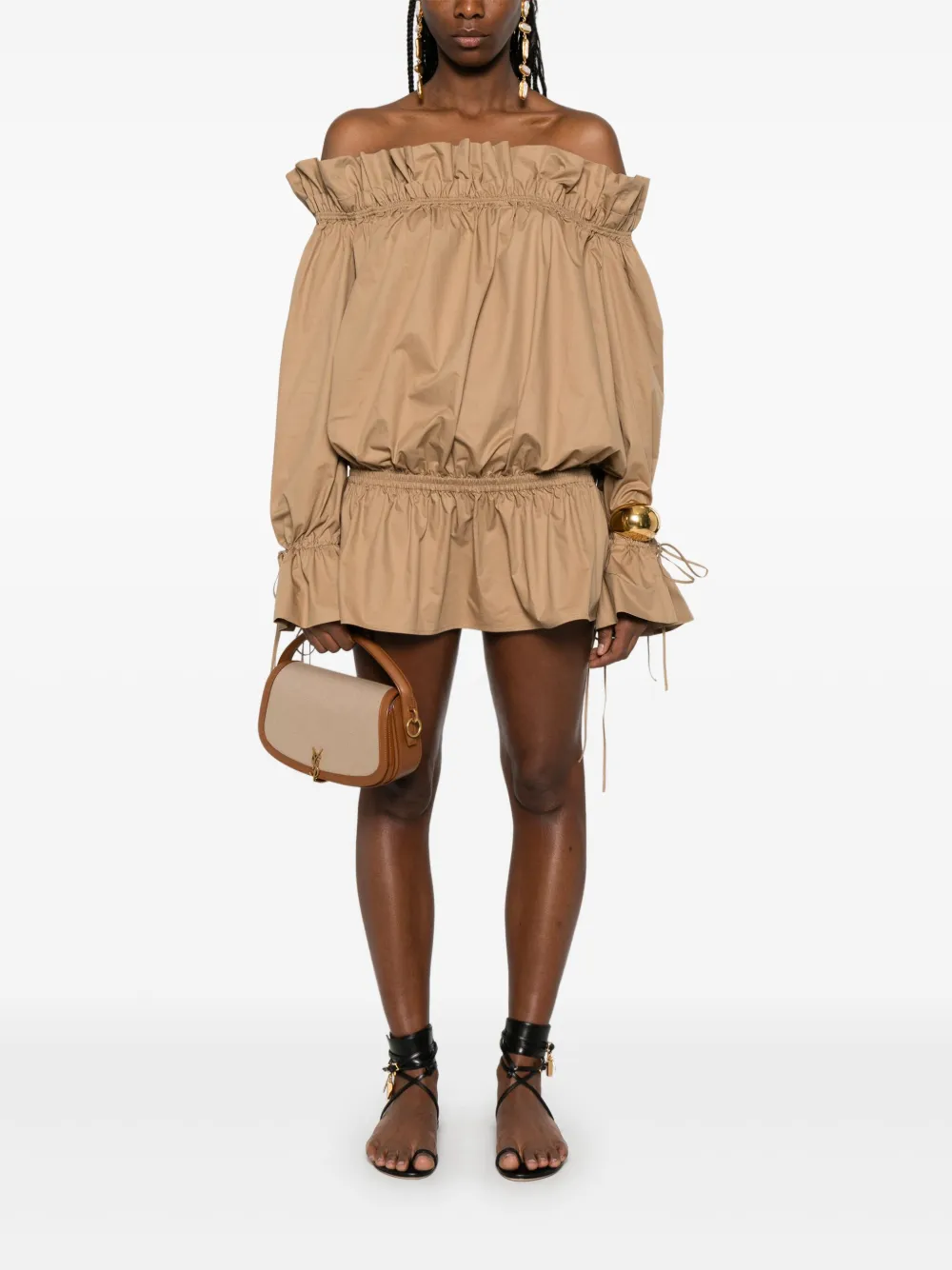 Saint Laurent Off-shoulder mini-jurk - Bruin