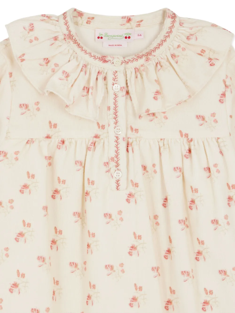 Bonpoint Katoenen jurk met franje kraag en bloemen Beige