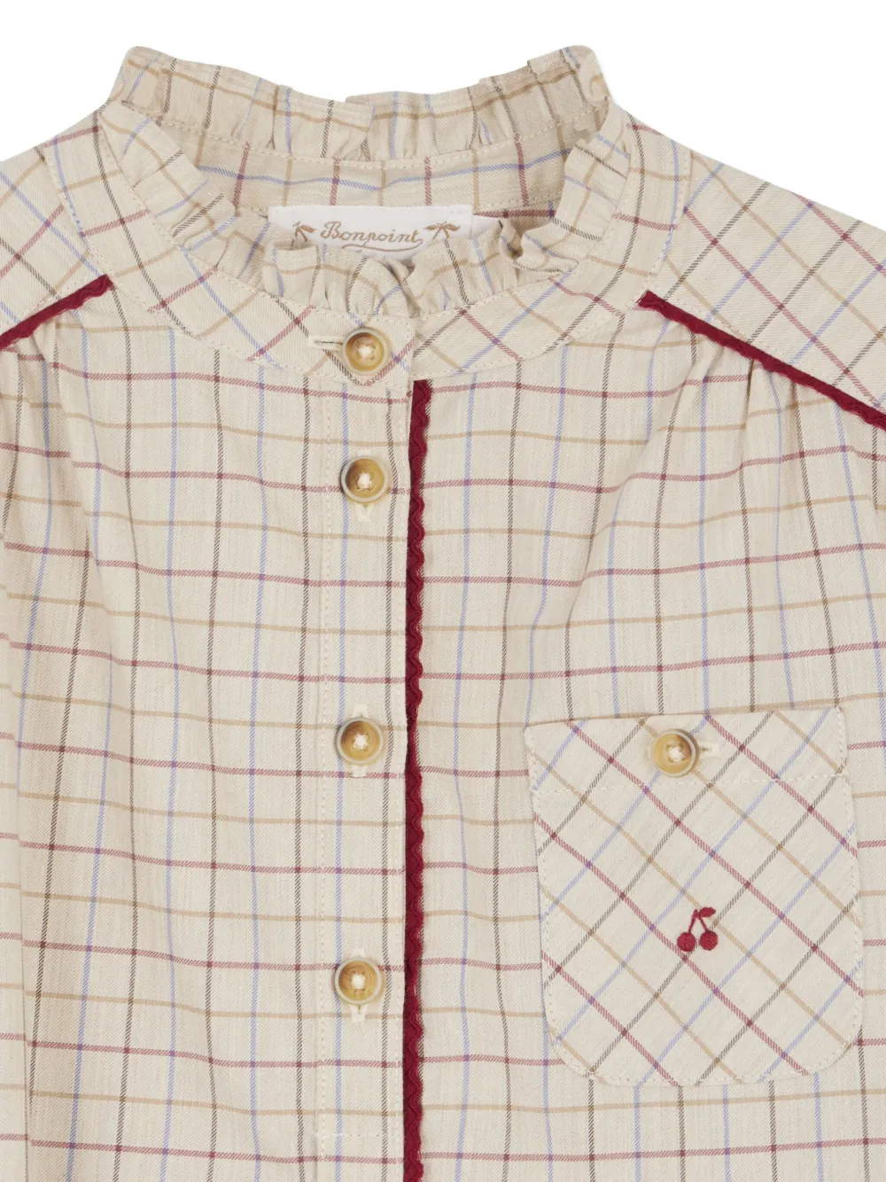 Bonpoint Geruite jurk met ruchekraag Beige