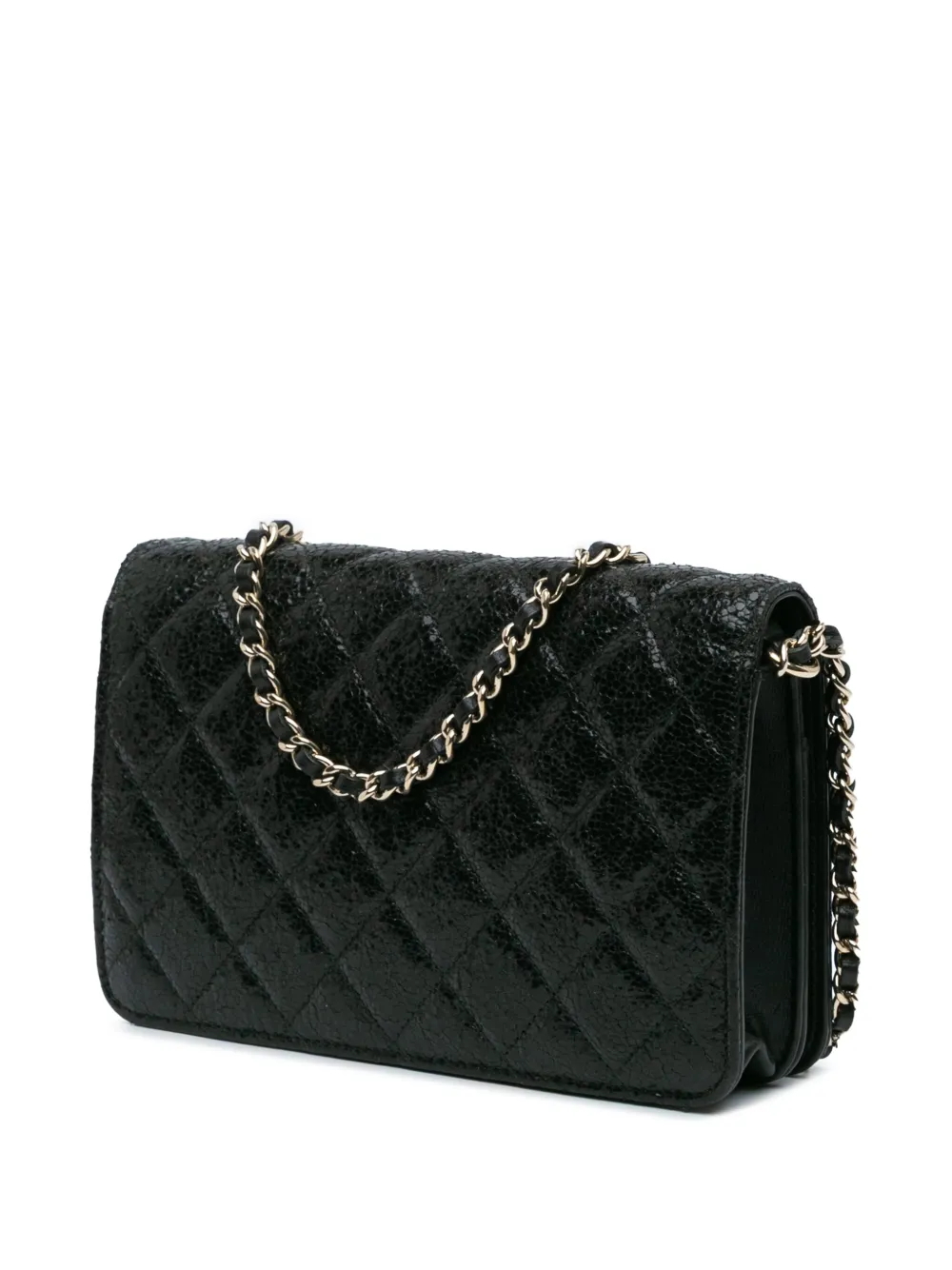 Pre-owned Chanel 2017-2018 Quilted Crackled Patent Calfskin Pearl Wallet On Chain Crossbody Bag In 黑色