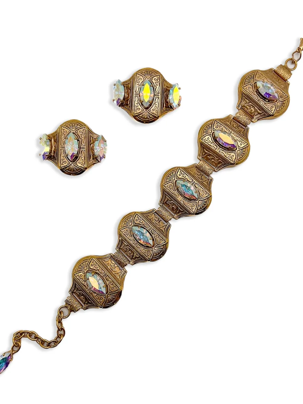 Jennifer Gibson Jewellery Orecchini e bracciale Aurora Borealis anni '60 - Oro