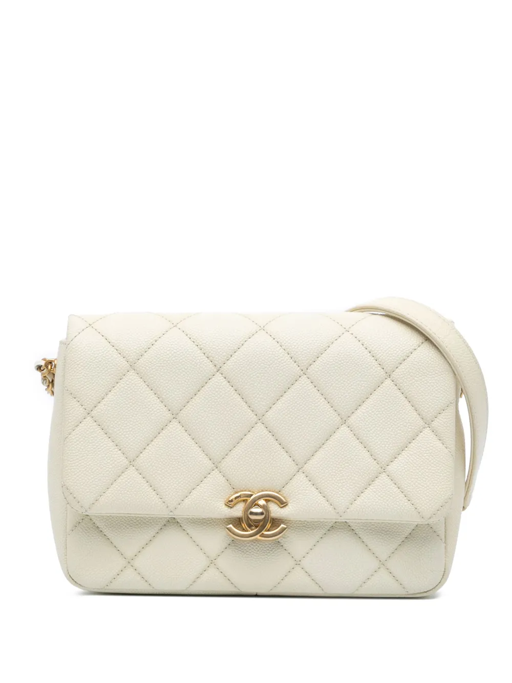 CHANEL Pre-Owned 2021-2024 kleine Chain Melody Flap Umhängetasche aus gestepptem Kaviarleder | Weiß | Image 1