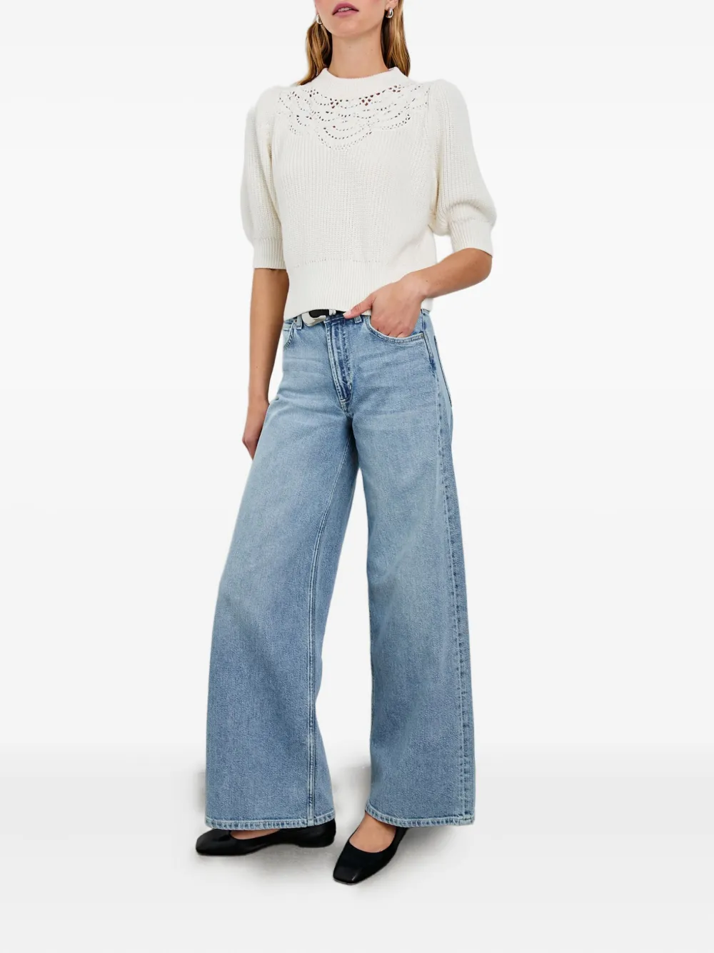 Rails Steph Puff-sleeve Crochet-detail Sweater In White