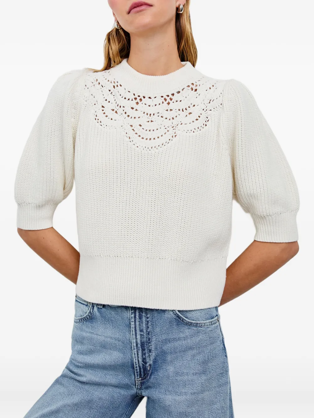 Rails Steph Puff-sleeve Crochet-detail Sweater In White