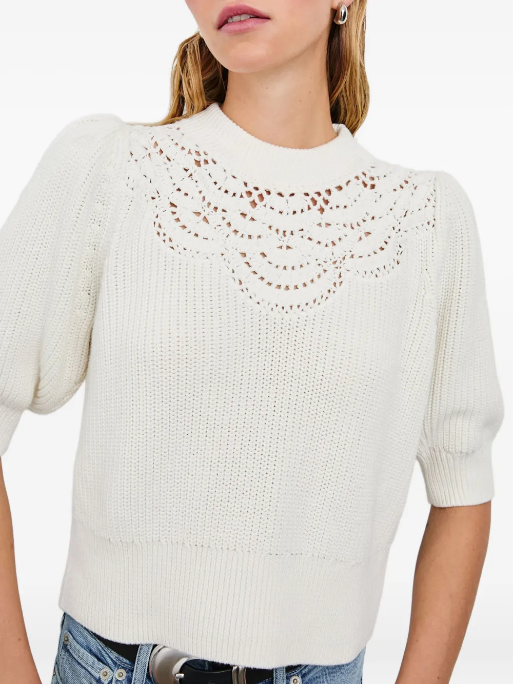 Rails Steph Puff-sleeve Crochet-detail Sweater In White