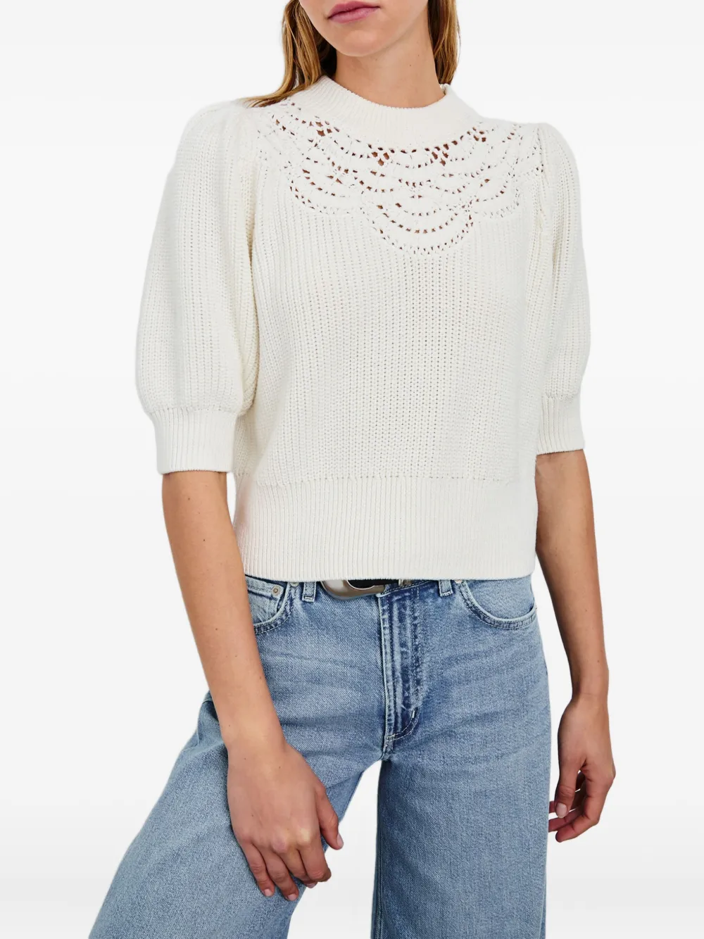 Rails Steph Puff-sleeve Crochet-detail Sweater In White
