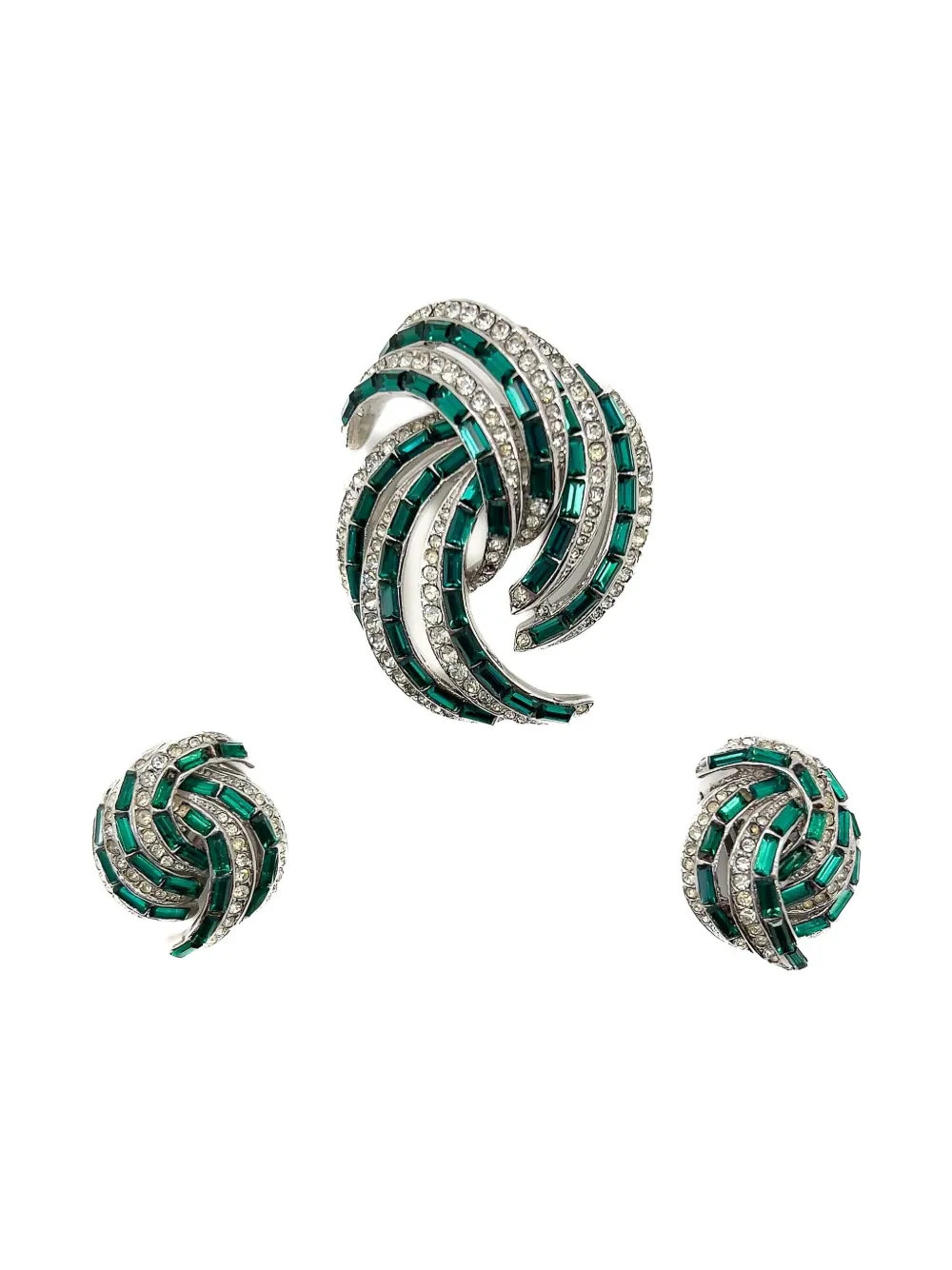 Pre-owned Jennifer Gibson Jewellery 1950s Crystal-embellished Brooch & Earrings Set In Silver