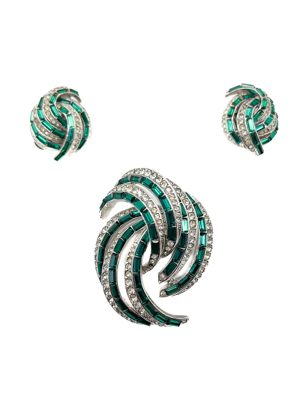 Pre-owned Jennifer Gibson Jewellery 1950s Crystal-embellished Brooch & Earrings Set In Silver