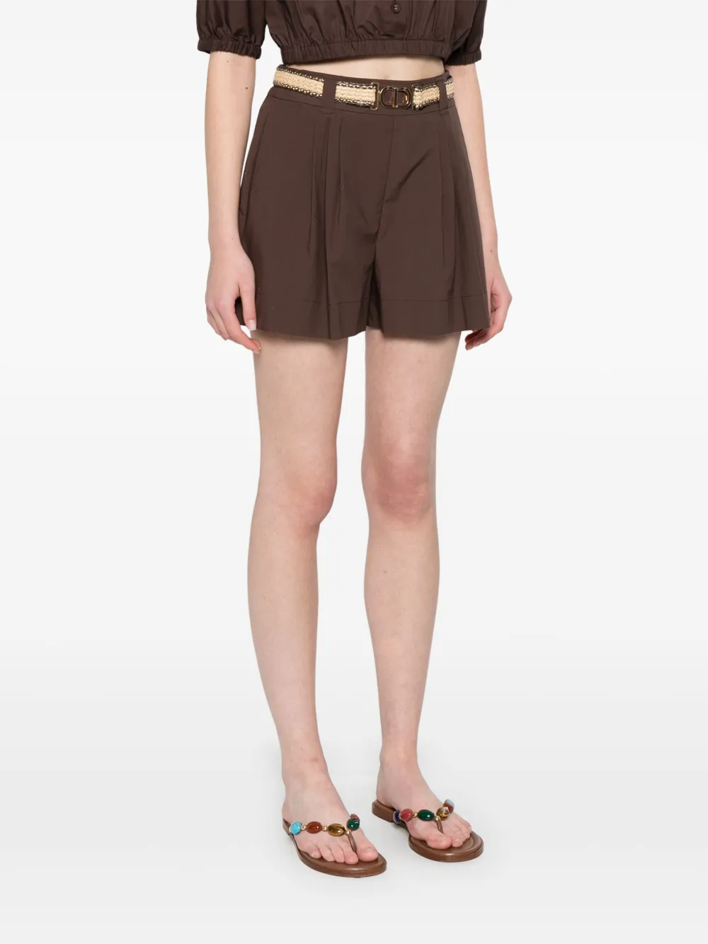 Shop Twinset Poplin Shorts In Brown