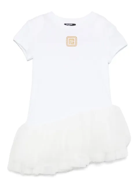 Balmain Kids فستان غير متساوي الطول مطرز بشعار الماركة