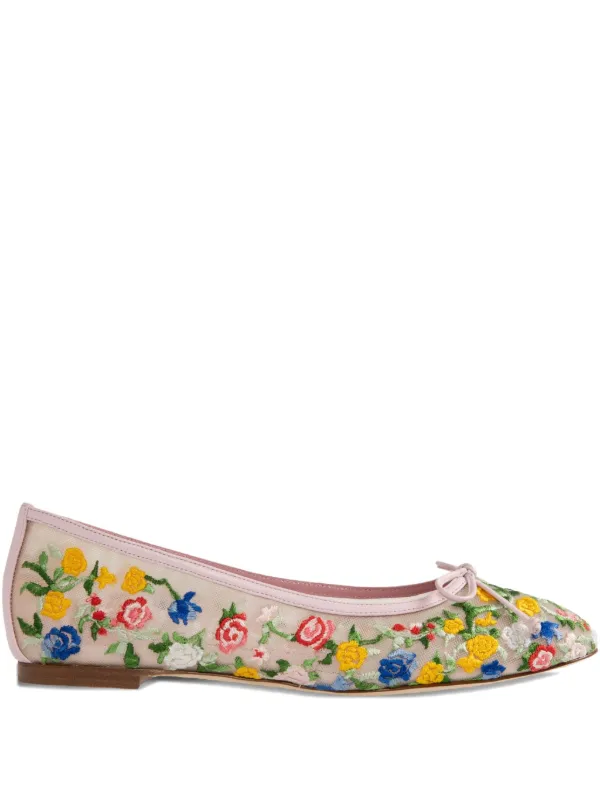 Manolo Blahnik Embroidered Floral Ballerina Shoes in Pink