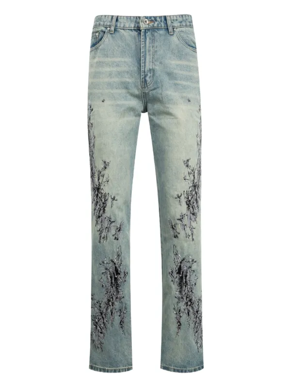 【NONCODE】Rotan embroidered washed denim pants Vintage 30's Indigo Denim Boro Patchwork Sashiko Repaired