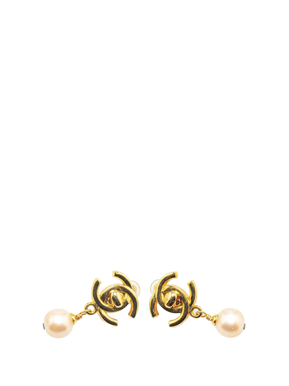 CHANEL Pre-Owned أقراط كبس 'CC تيرنلوك' متدلية بلؤلؤ صناعي مطلية بالذهب 1997 | ذهبي | Image 1