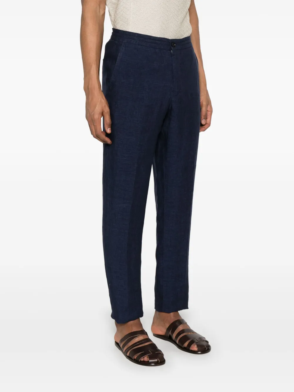 Shop Zegna Linen Tapered Trousers In Blue