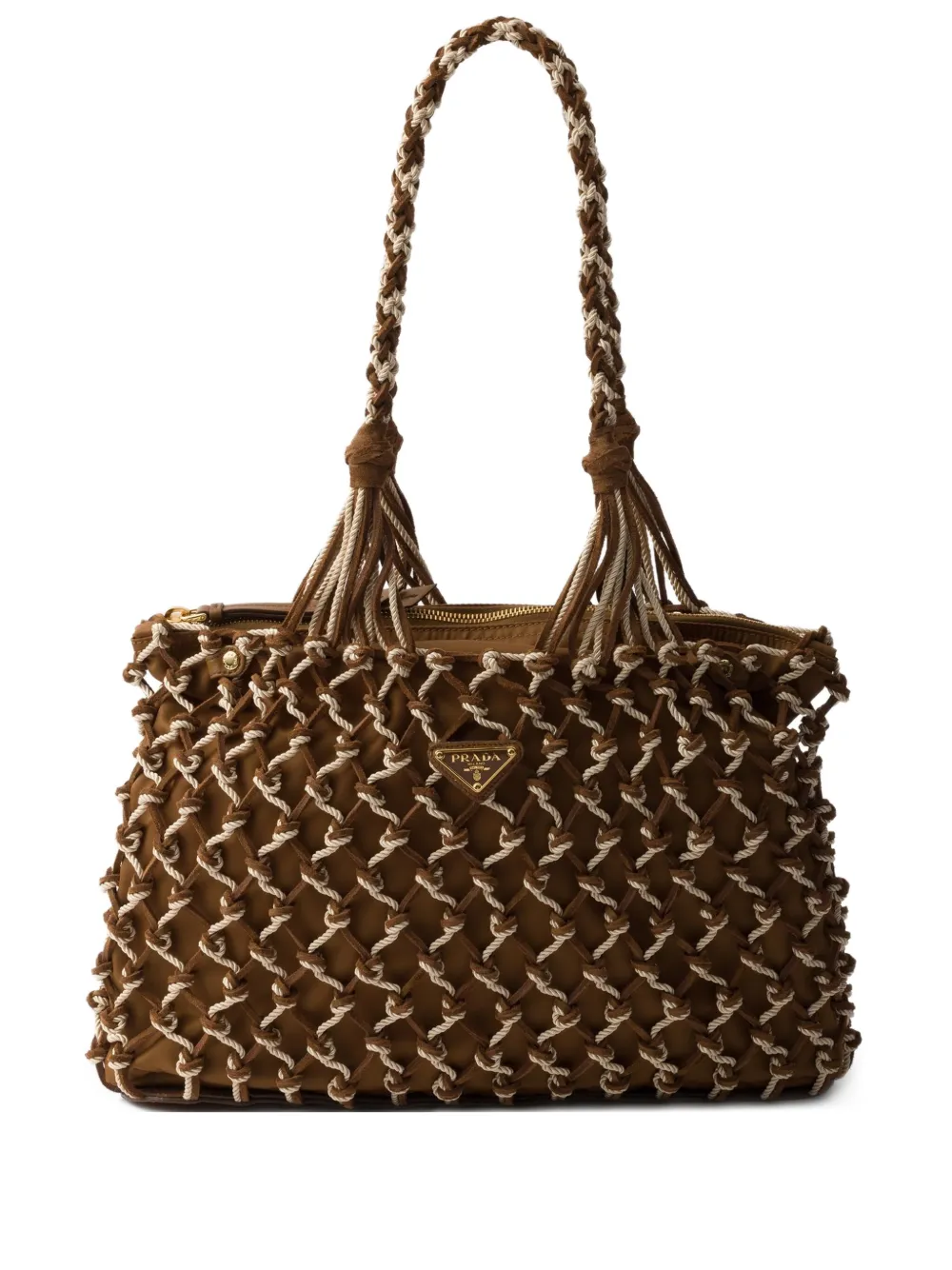 Prada Large Crochet Tote Bag In Brown