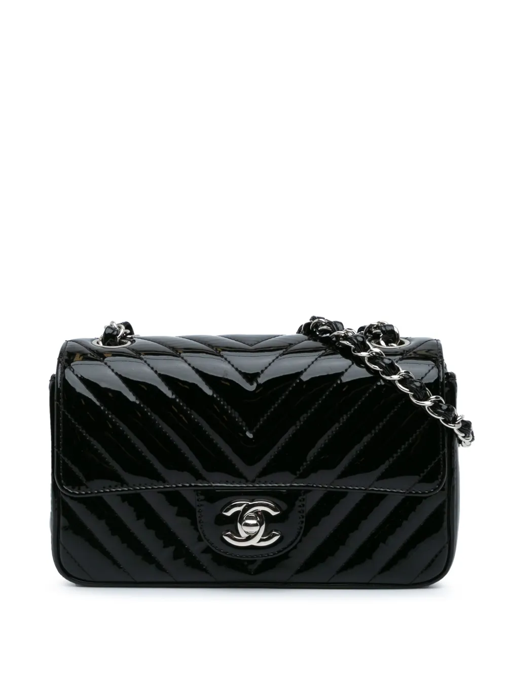 CHANEL Pre-Owned 2017-2018 Mini Rectangular Classic Chevron Patent Single Flap crossbody bag | Black | Image 1