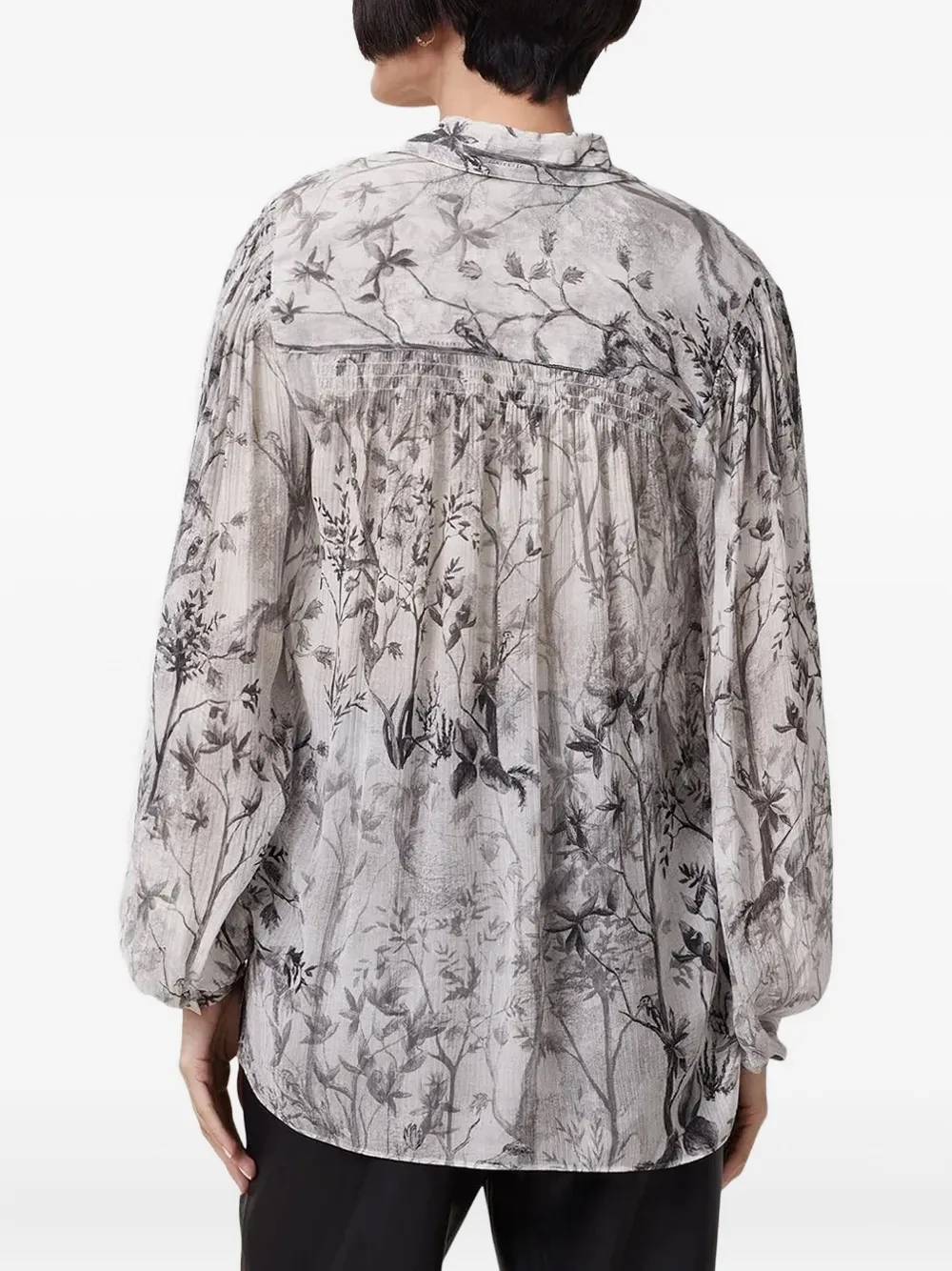 Allsaints Floral-print Balloon-sleeve Shirt In Gray