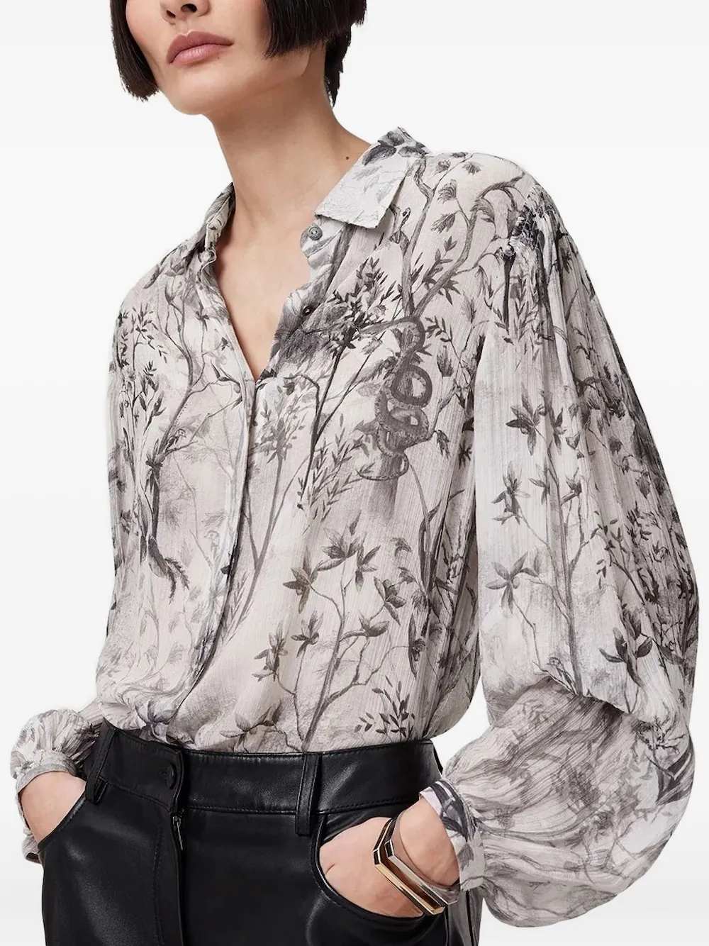 Allsaints Floral-print Balloon-sleeve Shirt In Gray